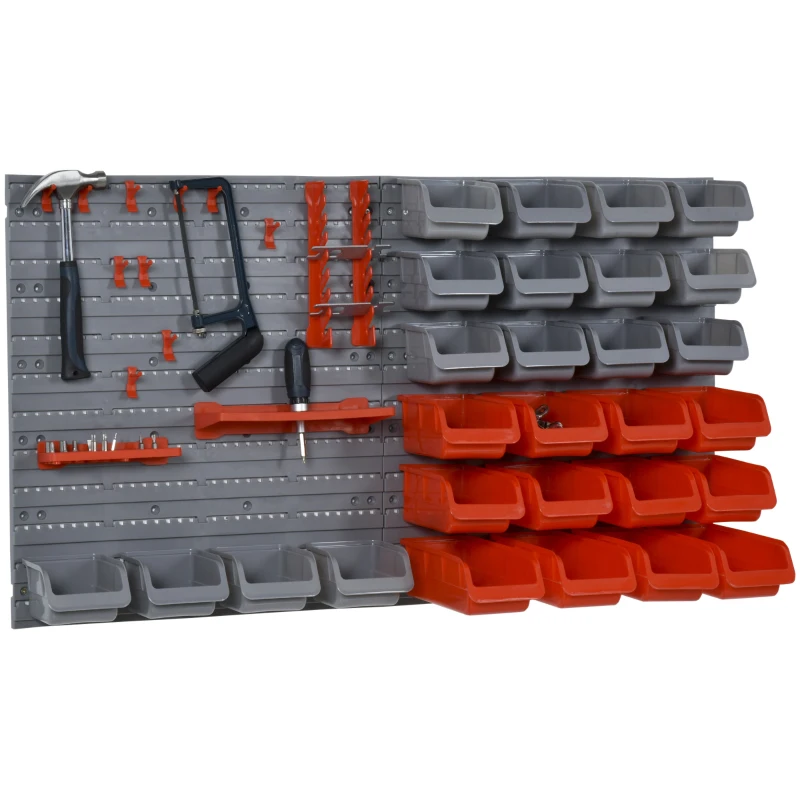 DURHAND 44 PCS Wall Mounted Pegboard Tool Organizer Rack Kit with Various Sized Storage Bins, Pegboard and Hooks, Red