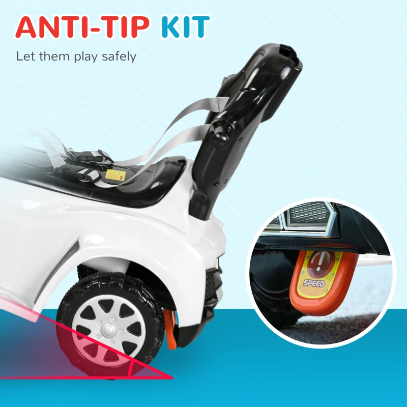Qaba 3 in 1 Push Car Sliding Car with Removable Handle, Music, Horn, Canopy, Safety Guardrail, White