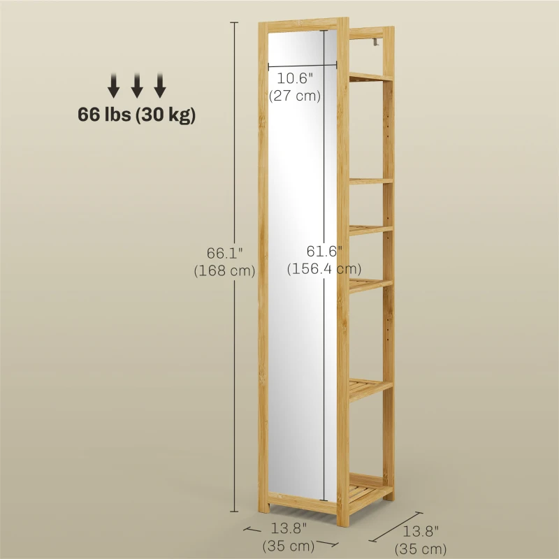 HOMCOM 66" x 14" Standing Mirror with 6-Tier Shelf, Floor Mirror Full Body Mirror for Bathroom, Living Room, Nature Wood