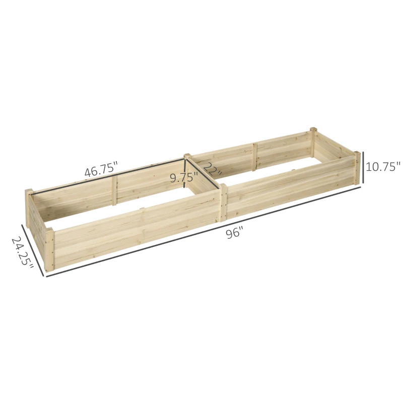 Outsunny 96" x 24" x 10" Wooden Raised Garden Bed with 2 Planter Boxes and Non-woven Fabric Liner for Patio, Natural