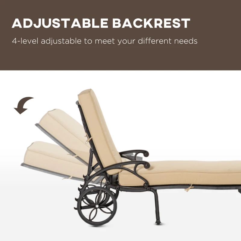Outsunny Aluminum Adjustable Chaise Lounge Chair, Folding 4-Position Patio Recliner, Wheels, Armrests, Side Table, Cushion for Poolside, Backyard, Deck, Porch Garden, Beige