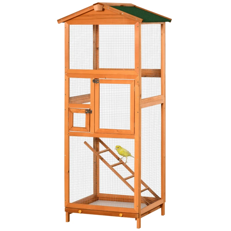 PawHut 65" Outdoor Wooden Birdcage Aviary with Pull Out Tray, Orange