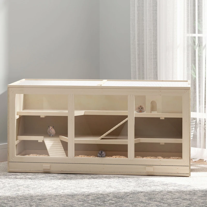 PawHut 45" Extra Large Wooden Hamster Cage, 3-Layer Rat Cage with Opening Roof, PVC Window, Small Animal Habitat for Gerbil, Dwarf & Syrian Hamsters, Natural