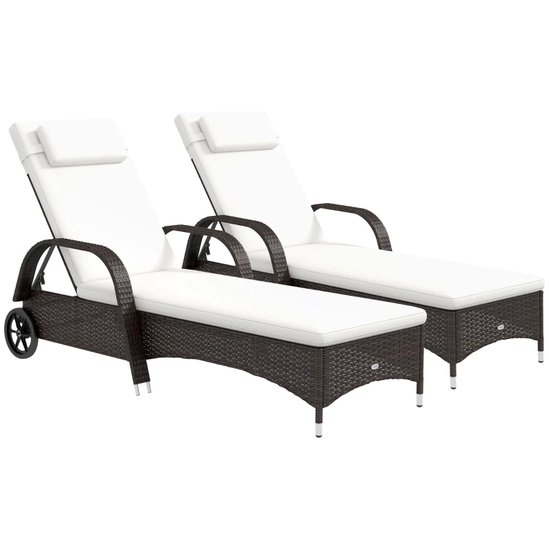 Outsunny 2 Reclining Chaise Lounge Chairs, Rolling Outdoor Chairs with Cushion, Pillow, Headrest, Armrests, and Wheels, Brown & White