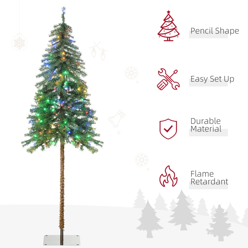 HOMCOM 6' Artificial Christmas Tree with Warm White or Colourful LED Lights, Pencil Shape, Steel Base