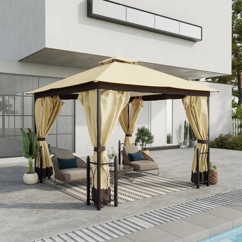 Outsunny 11' x 13' Patio Gazebo, Double Roof Outdoor Gazebo Canopy Shelter with Netting & Curtains, Steel Corner Columns for Garden, Lawn, Backyard and Deck, Beige