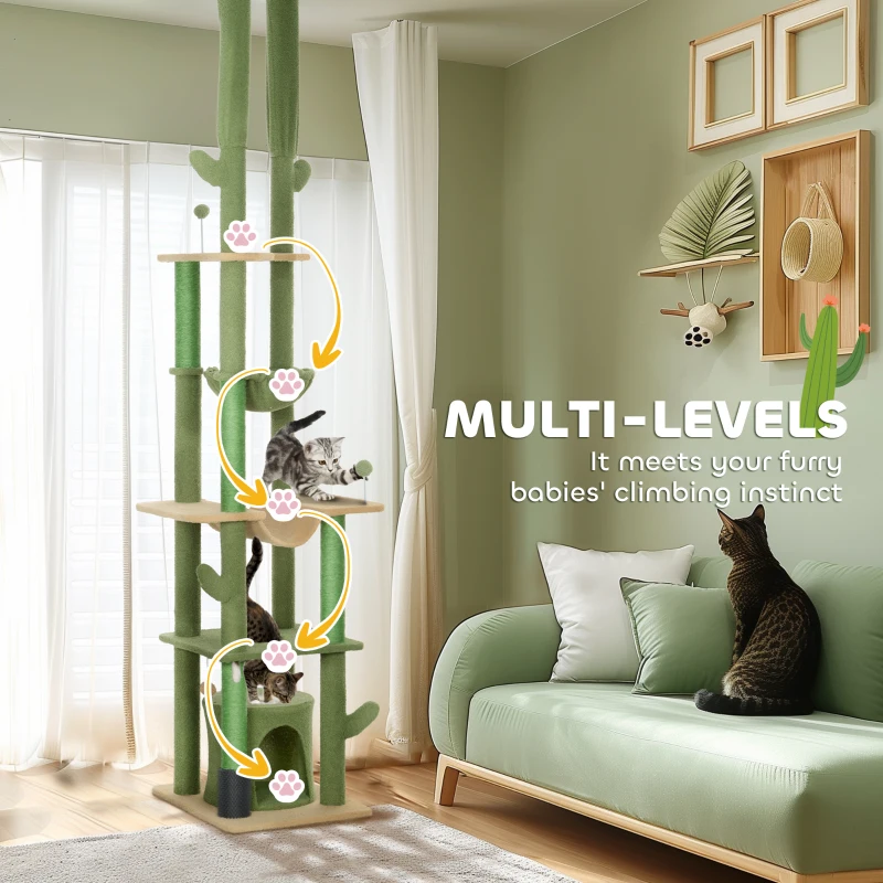 PawHut 89"-100" Floor to Ceiling Cat Tree, Cat Climbing Tower with Grooming Brush Post, Cat Condo, Hammock, Green