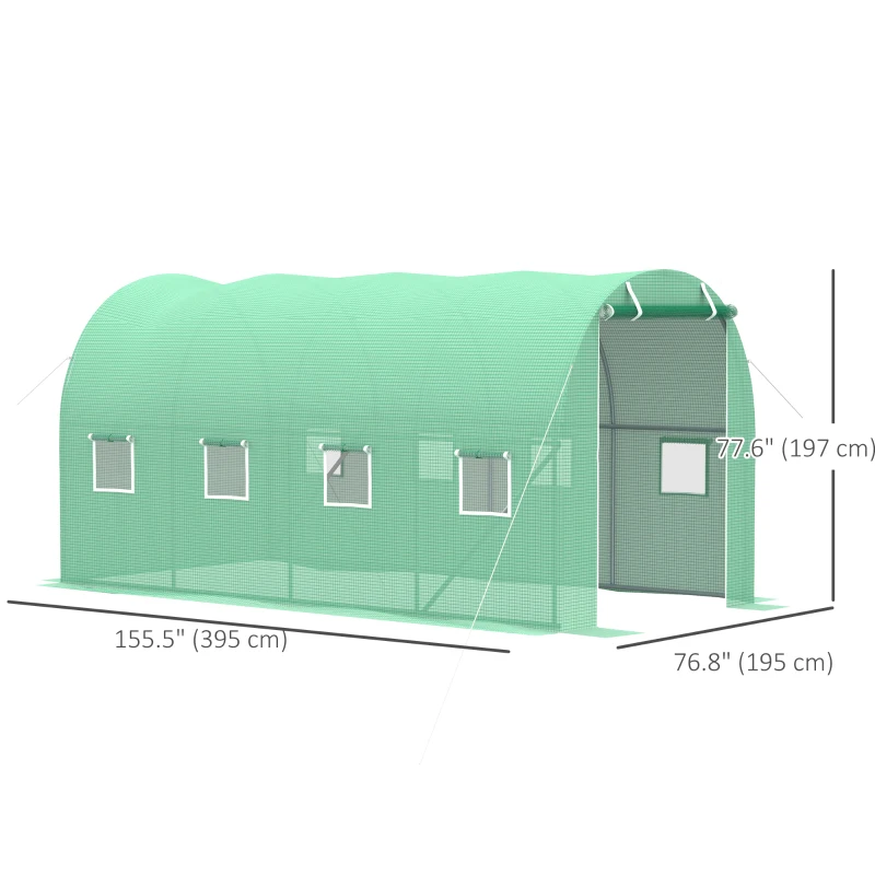 Outsunny Walk-in Tunnel Greenhouse, 13 x 6.4 x 6.5 ft Hoop House with Zipped Roll-Up Door and 8 Mesh Windows, Outdoor Greenhouse with Galvanised Steel Frame, Green