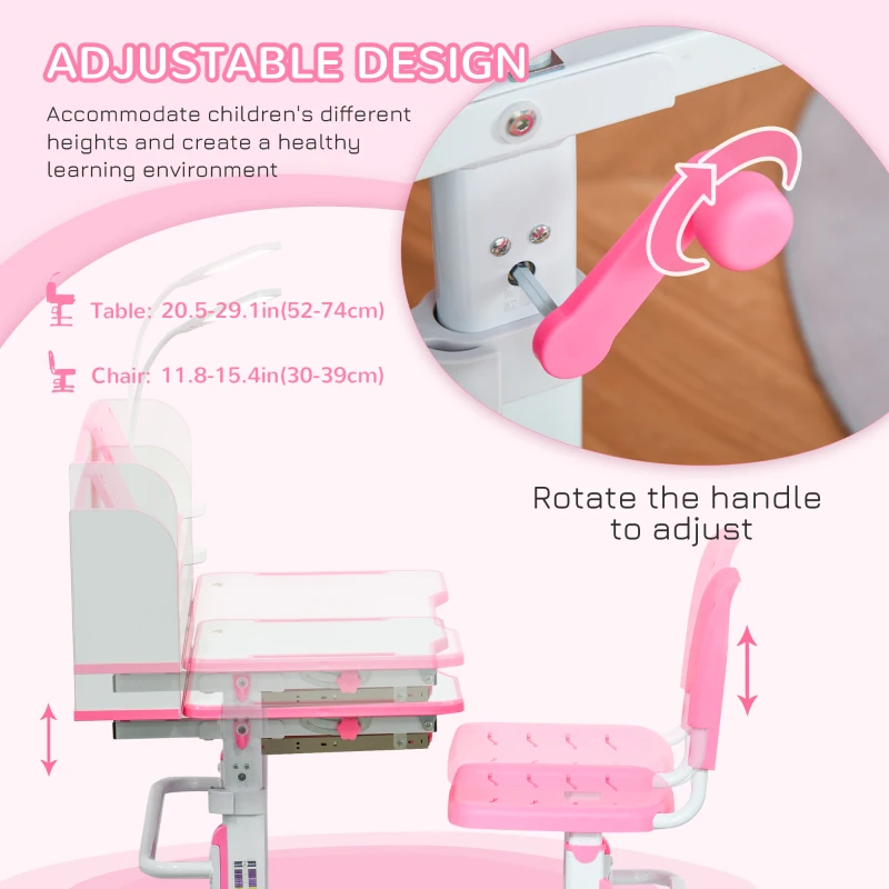 Qaba Kids Desk and Chair Set Height Adjustable Student Writing Desk Children School Study Table with LED Lamp, Bookshelf, Drawer, Reading Board, Pen Slot, Hook, Pink