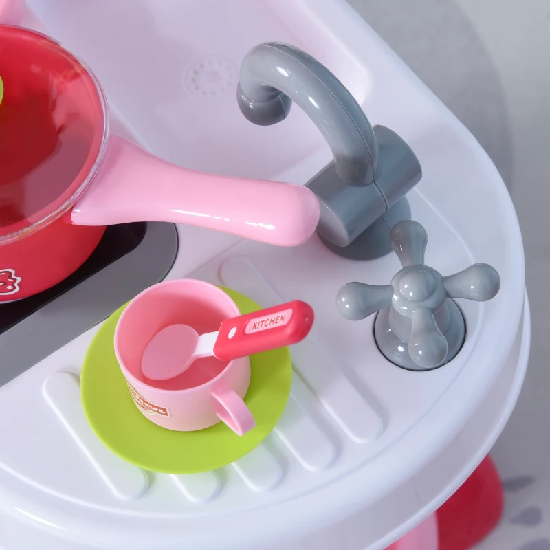 Qaba Kids Kitchen Play Set Pretend Toy Children Role Play Game Toy with Light & Sound Function  38Pcs Toy Accessories - Pink