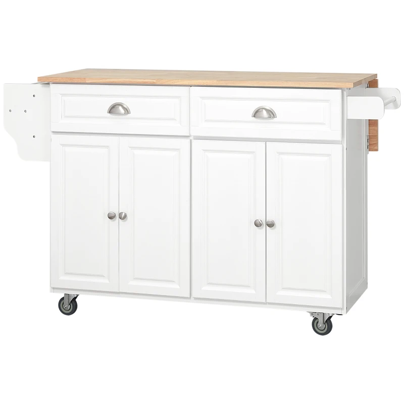 HOMCOM Kitchen Island with Storage, Rolling Kitchen Island with Drop Leaf, Rubber Wood Top and Adjustable Shelves, White