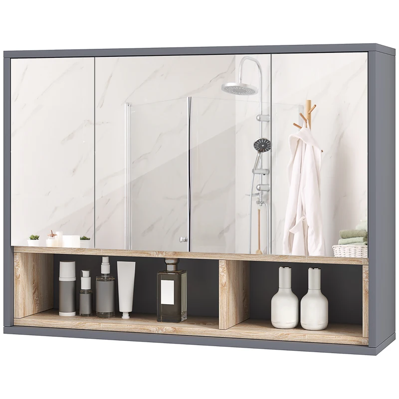 HOMCOM Wall Mounted Bathroom Medicine Cabinet with Mirror and Shelves, Grey