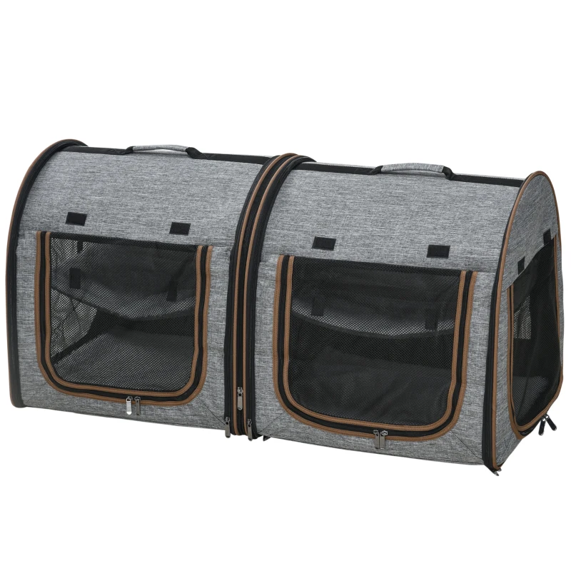 PawHut 39" Portable Soft-Sided Cat Carrier, Cat Kennel, Travel Dog Crate with Divider, Two Compartments, Soft Cushions & Storage Bag, Easy to Fold, Light Gray