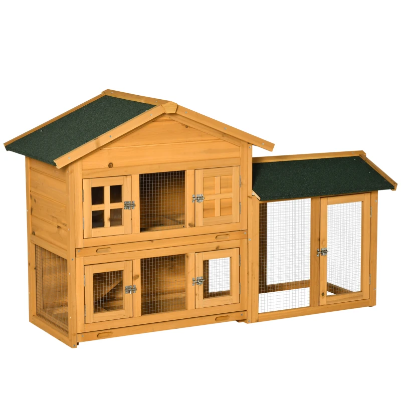 PawHut 59" Wooden Rabbit Hutch 2 Tier Bunny House Pet Playpen Enclosure for Indoor Outdoor with Slide-out Tray, Ramp, for Rabbits and Small Animals, Orange