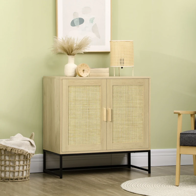 HOMCOM Sideboard Cabinet with Rattan Doors, Adjustable Shelf, Metal Base, Storage Cabinet for Living Room, Bedroom, Kitchen,