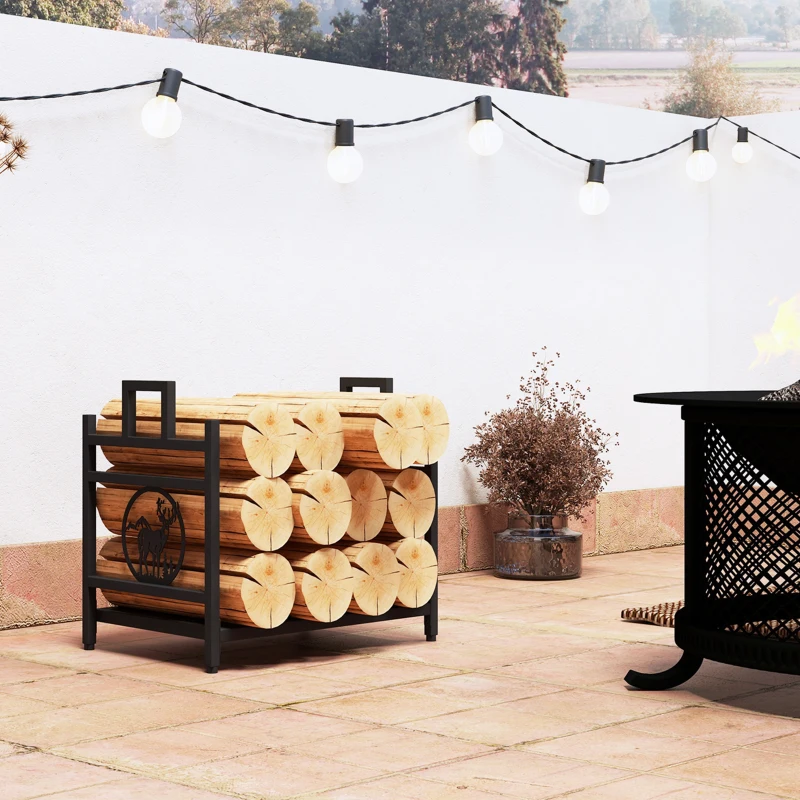 Outsunny Decorative Firewood Rack Outdoor Indoor Steel Wood Storage Log Holder with Side Handles, 19.7" x 13.4" x 17.7", Black