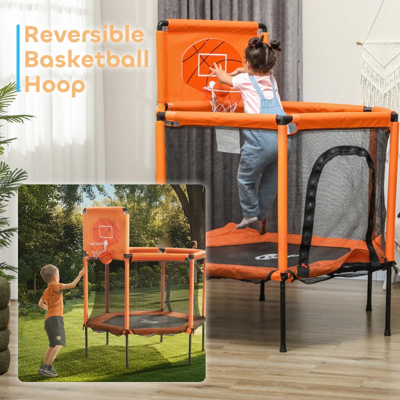 Qaba 48" Kids Trampoline  with Safety Enclosure Net, Basketball Hoop for Ages 3-6, Gifts for Boys & Girls, Orange