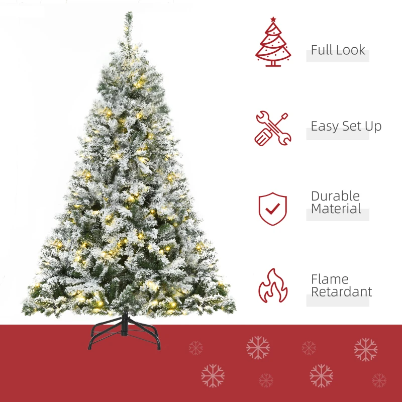 HOMCOM 6ft Tall Pre-Lit Snow-Flocked Artificial Christmas Tree with Realistic Branches, 250 Warm White LED Lights and 928 Tips