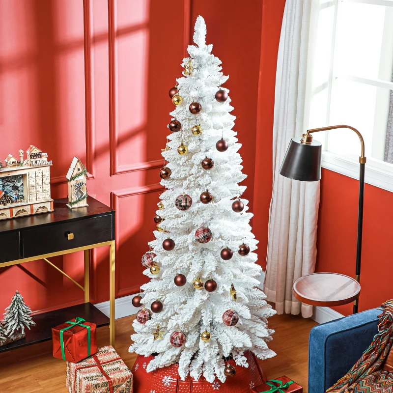 HOMCOM 6ft White Christmas Tree, Flocked Pencil Christmas Tree with 376 Branch Tips and Metal Base for Home, Indoor, Holiday