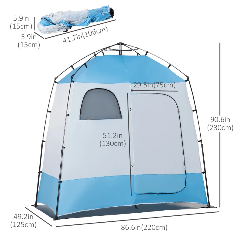 Outsunny Pop Up Shower Tent, Portable Privacy Shelter for 2 Persons, Changing Room with 2 Windows, 3 Doors, Carrying Bag, Grey and Blue
