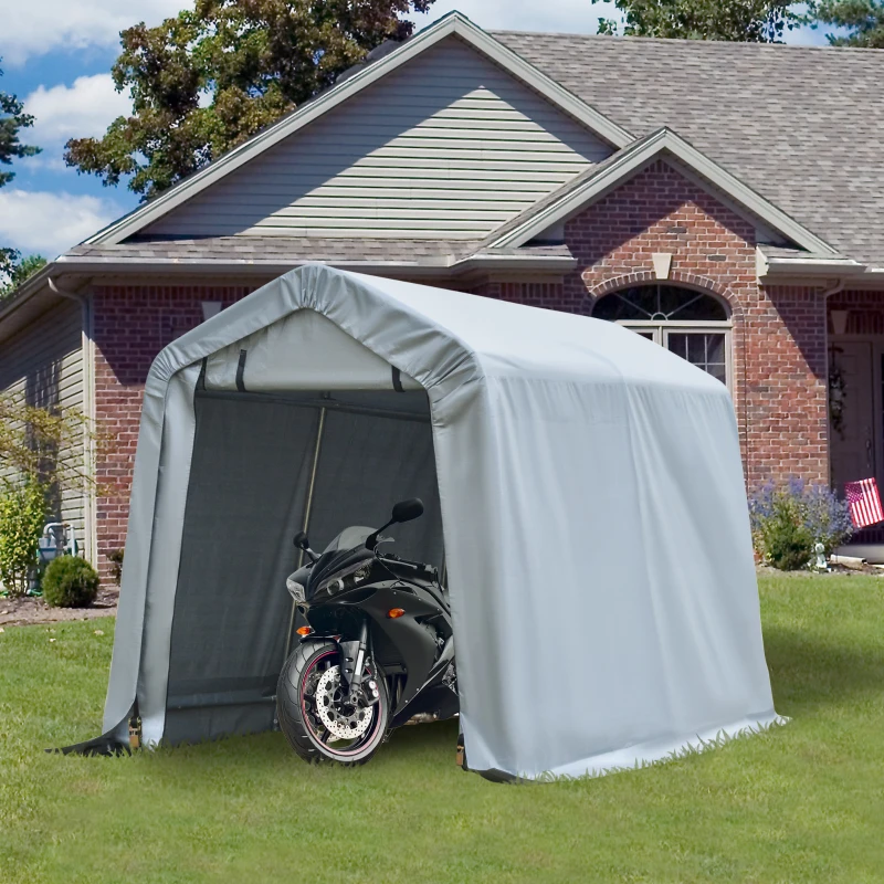 Outsunny 6' x 8' Carport Portable Garage, Heavy Duty Storage Tent, Patio Storage Shelter w/ Anti-UV PE Cover and Double Zipper Doors, for Motorcycle Bike Garden Tools, Light Gray