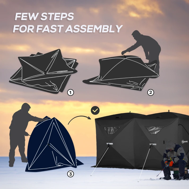 Outsunny 5-8 People Ice Fishing Shelter, Pop-Up Portable Ice Fishing Tent with Carry Bag, Two Doors, Windows and Vents, Ice Shanty for Winter Fishing, Black