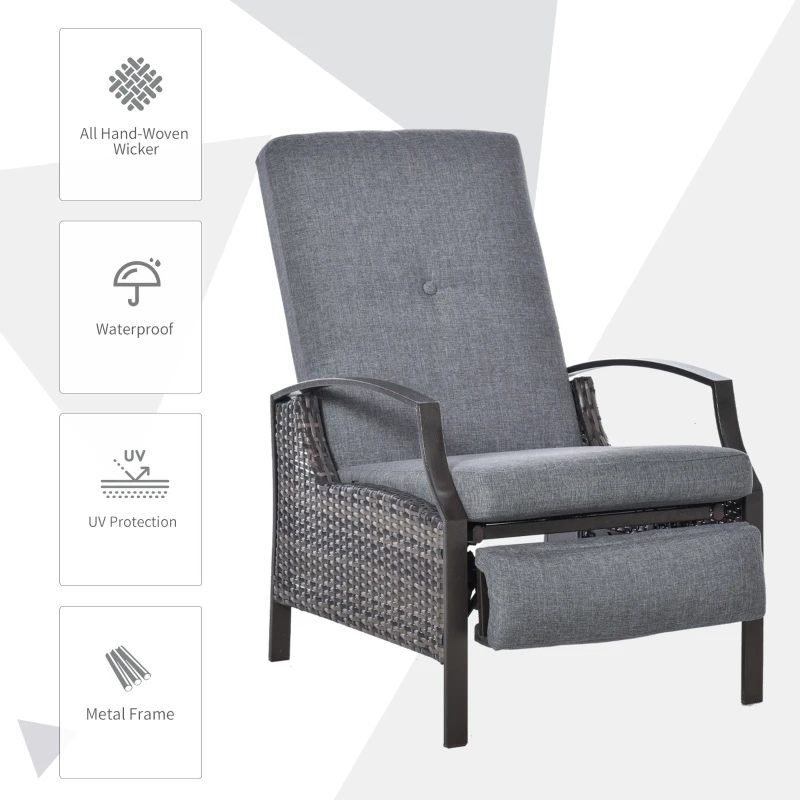 Outsunny Outdoor Recliner Chair, Reclining Patio Lounge Chair with Comfy Cushions, Footrest, Armrests, PE Wicker for Balcony, Porch, Grey