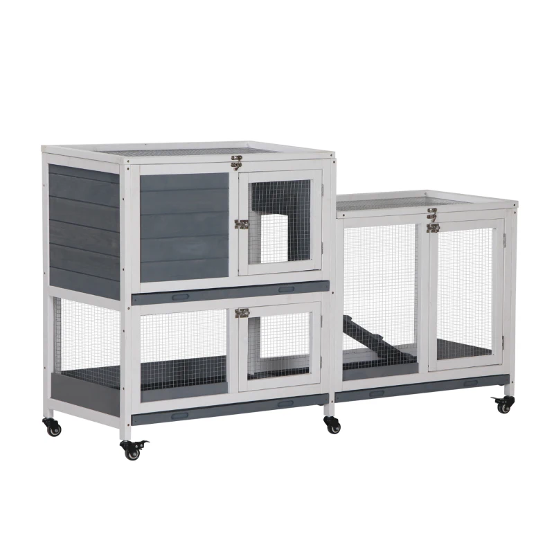 PawHut Wooden Rabbit Hutch Elevated Pet House Bunny Cage Small Animal Habitat with Slide-out Tray Lockable Door Openable Top for Indoor 58" x 18" x 35" Grey