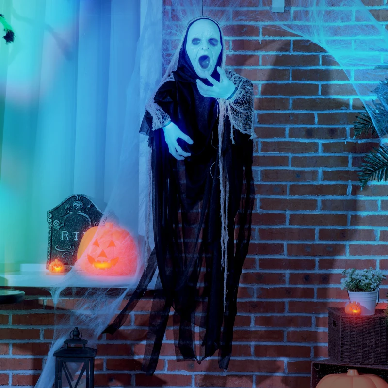 Outsunny 60" Outdoor Halloween Decorations Hanging Ghost Stretching Out Arms Animated Prop with Sound and Motion Activated Light Up Hands, Spooky Scream