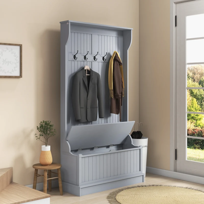 HOMCOM Modern 3-In-1 Entryway Hall Tree with Coat Rack, Bench and Shoe Storage, 5 Hooks for Hallway, Living Room, Grey