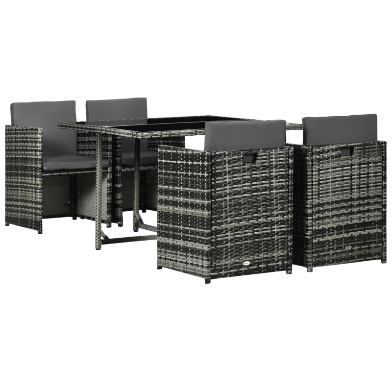 Outsunny 5 Pieces Wicker Patio Dining Set Outdoor Furniture Set with Removable Cushions, Glass Top Dining Table, PE Rattan Conversation Set for Garden Poolside Backyard, Grey