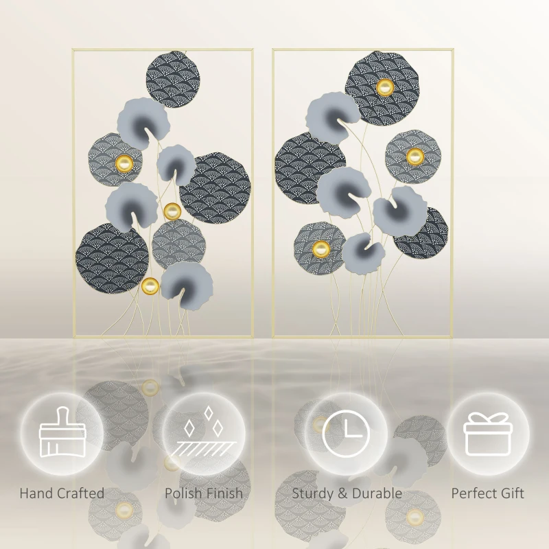 HOMCOM 3D Metal Wall Art Set of 2 Modern Lotus Leaves Hanging Wall Sculpture Home Decor for Living Room Bedroom Kitchen 20"x32"x2, Gray and Gold