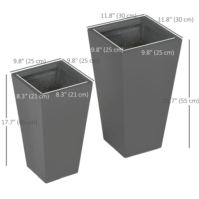 Outsunny Set of 2 Tall Planters with Drainage Holes, 22" / 18" Outdoor Flower Pots for Patio, Yard, Garden, Grey