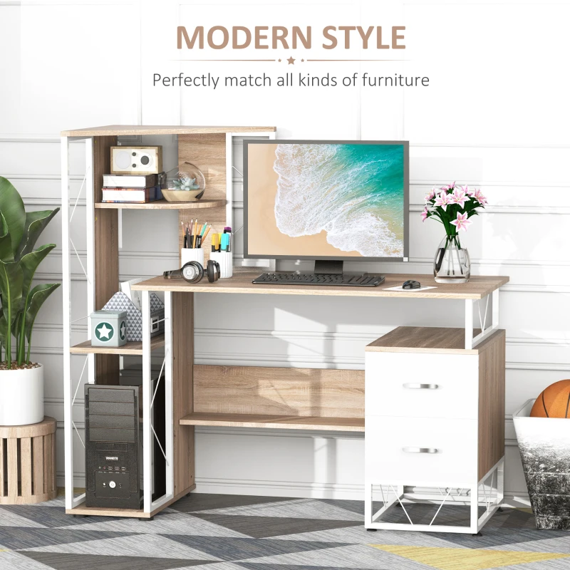 HOMCOM 52" Modern Computer Desk with Storage Shelves and Drawers, Home Office Desk, Study Workstation with CPU Stand, Oak