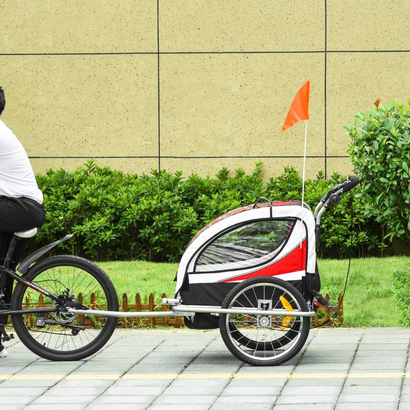 Aosom Foldable Bike Trailer for Kids, Toddler Carrier with 2 Seats, Safety Flag, Light Reflectors, & 5 Point Harness, Red