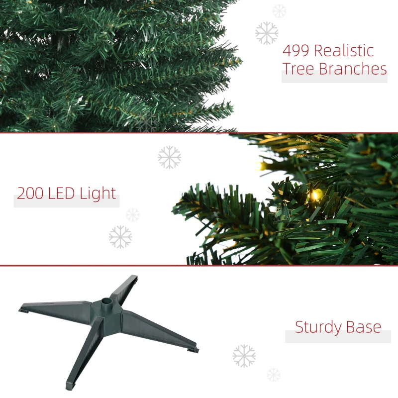 HOMCOM 7' Tall Pre-Lit Slim Noble Fir Artificial Pencil Christmas Tree with 200 Warm White LED Lights and 499 Tips, for Christmas Decoration, Green
