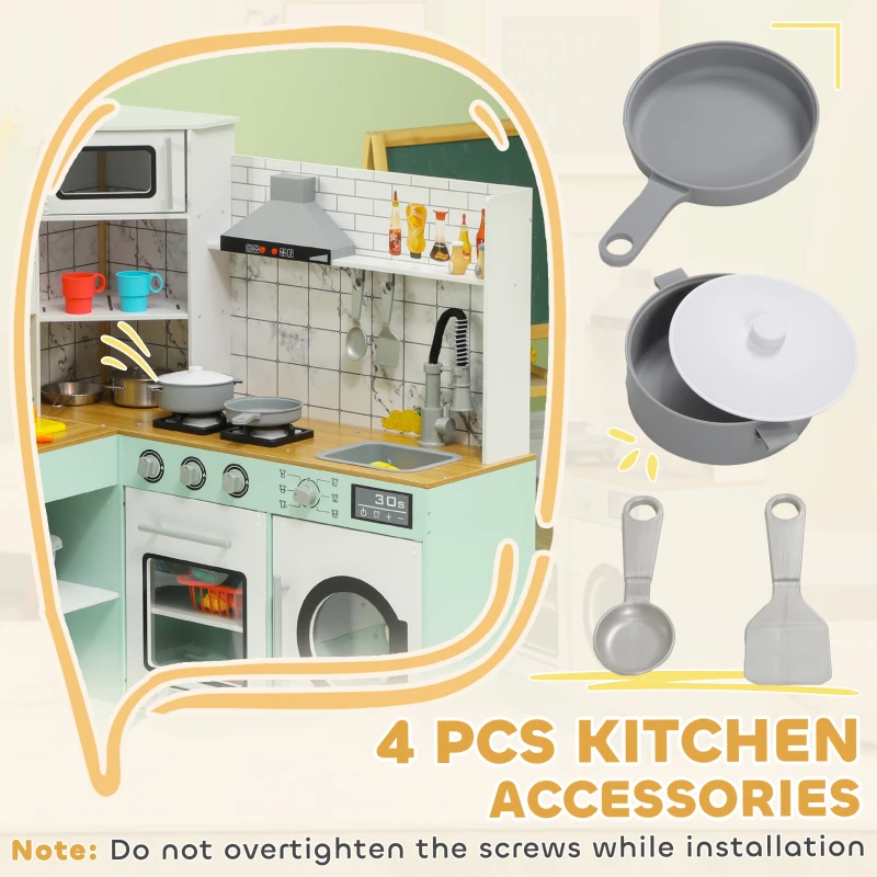 Qaba Play Kitchen, Corner Kids Kitchen Playset w/ Chalkboard, Range Hood, Ice Maker, Stove, Microwave, Sound & Lights
