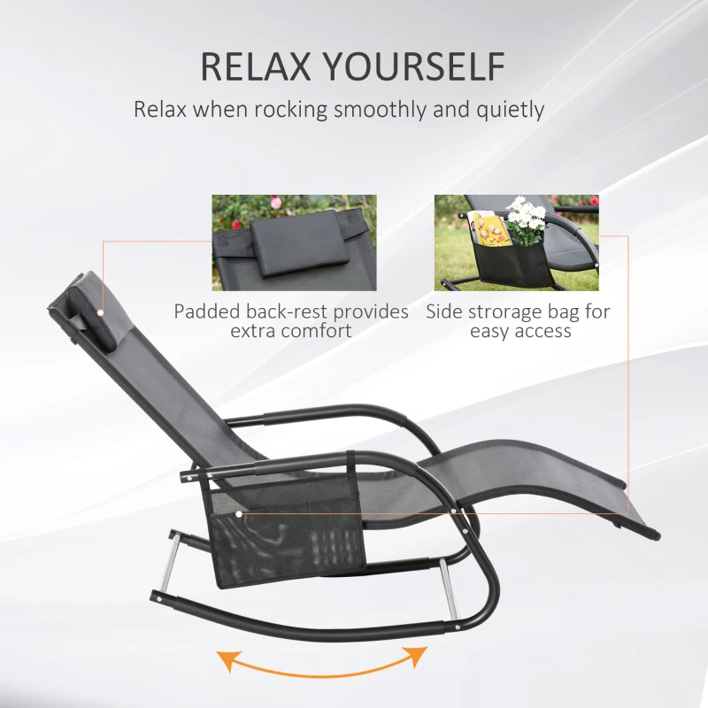 Outsunny Outdoor Rocking Chair, Chaise Lounge Pool Chair for Sun Tanning, Sunbathing, a Rocker with Side Pocket, Armrests & Pillow for Patio, Lawn, Beach, Black