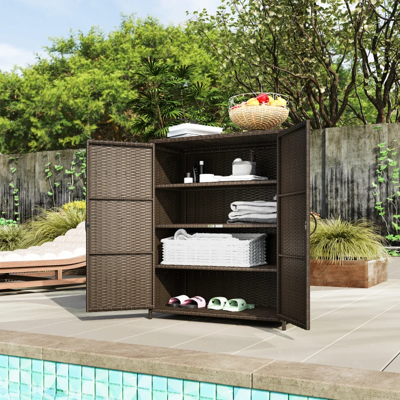 Outsunny Rattan Wicker Outdoor Storage Cabinet with 4 Shelves and 2 Doors for Garden Pool Towel Storage, Coffee