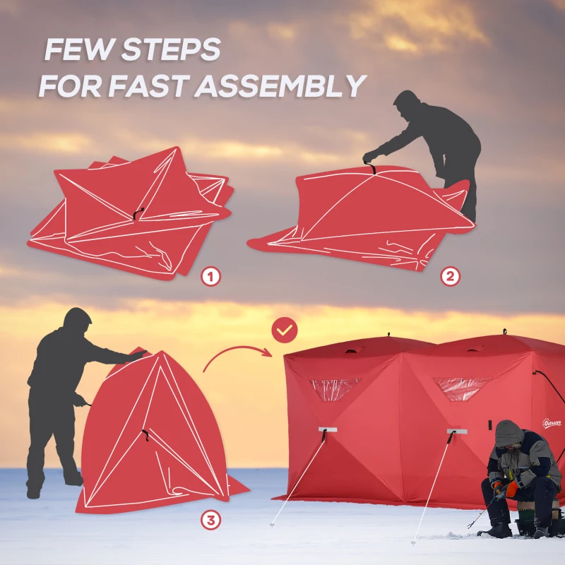 Outsunny 5-8 People Ice Fishing Shelter, Pop-Up Portable Ice Fishing Tent with Carry Bag, Two Doors, Windows and Vents, Ice Shanty for Winter Fishing, Red
