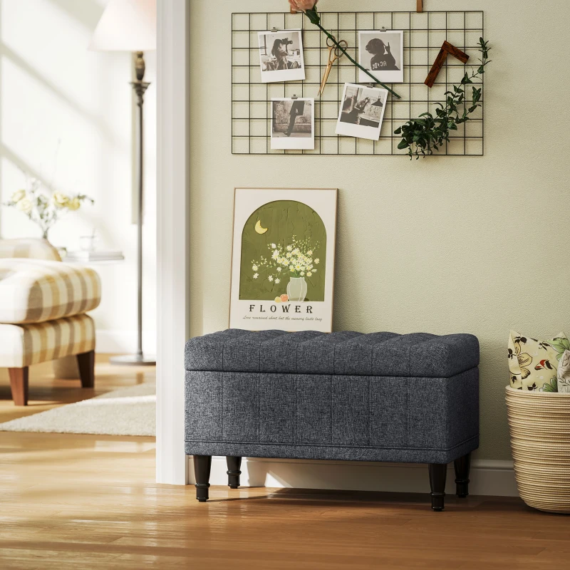 HOMCOM Storage Ottoman, Linen Fabric End of Bed Bench with Button Tufted Storage Bench for Bedroom, Grey