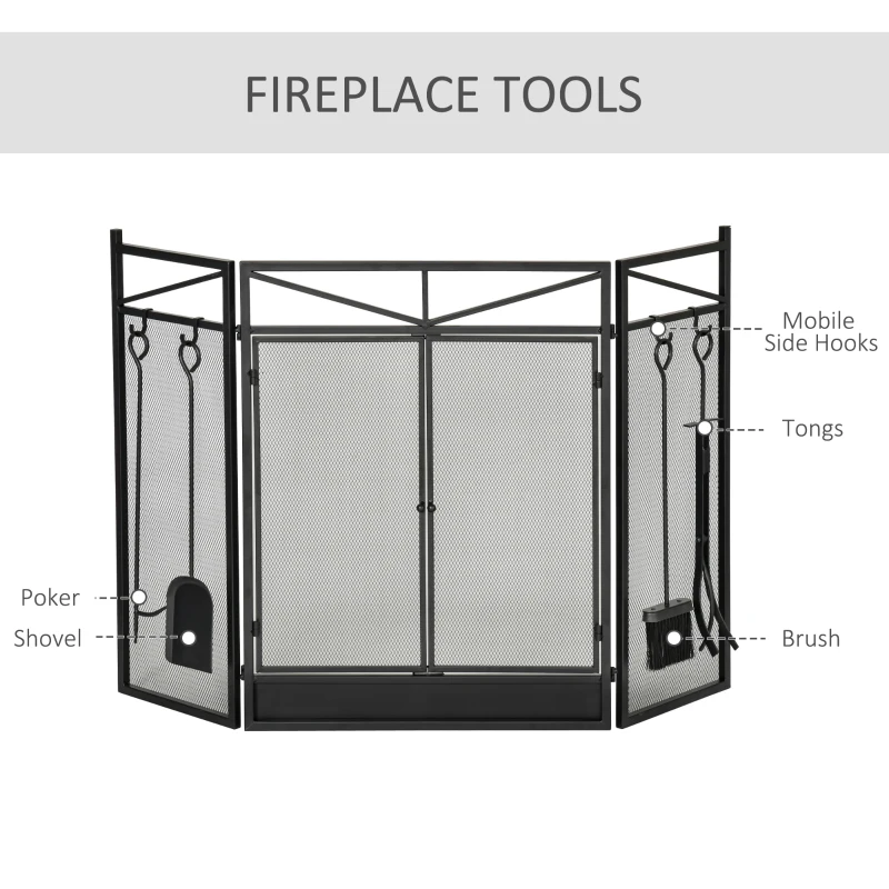 HOMCOM 3-Panel Folding Fireplace Screen with 2 Magnetic Doors and Fire Place Tools Set, Fire Spark Guard for Wood Burning, with Brush, Shovel, Poker, Firewood Tongs, 48" x 0.75", Black