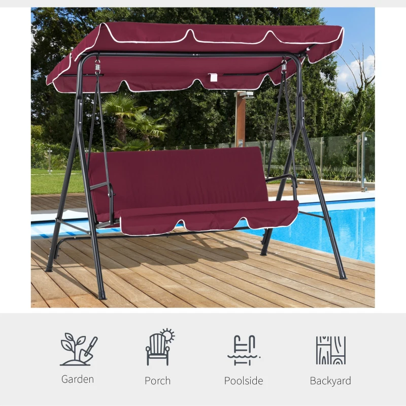 Outsunny 3-Seater Outdoor Porch Swing with Adjustable Canopy, Patio Swing Chair for Garden, Poolside, Backyard, Wine Red