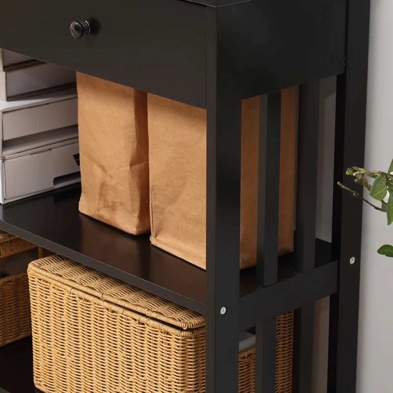 HOMCOM Console Hallway Table with Extra Wide Pull Out Drawer, 2 Open Shelves and Slatted Wood Frame Design, Black