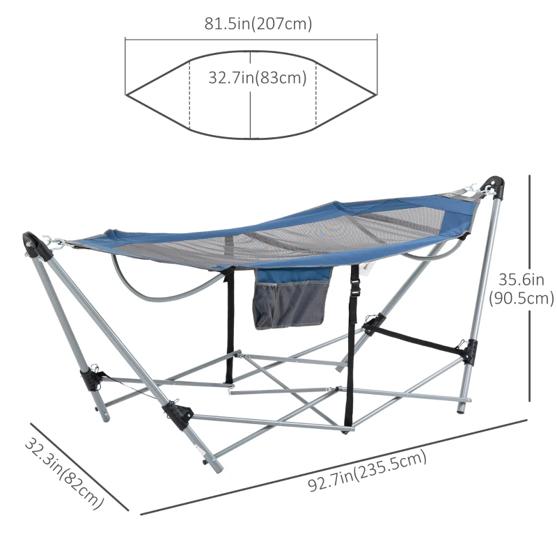 Outsunny Foldable Outdoor Hammock with Stand, Portable Hammock Bed with Carrying Bag and Pocket for Travel, Beach, Backyard, Patio, Hiking, Dark Blue
