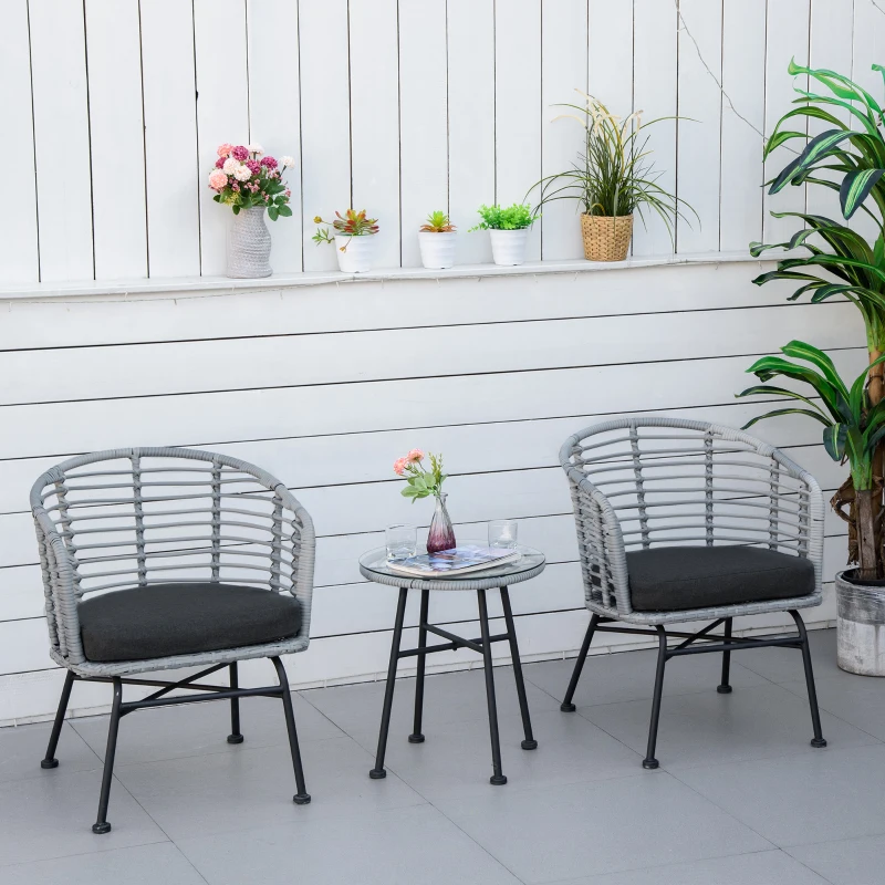 Outsunny 3 Piece Patio Bistro Set, PE Rattan with Cushioned Barrel Chairs & Glass Coffee Table, Conversation Set, Mixed Gray