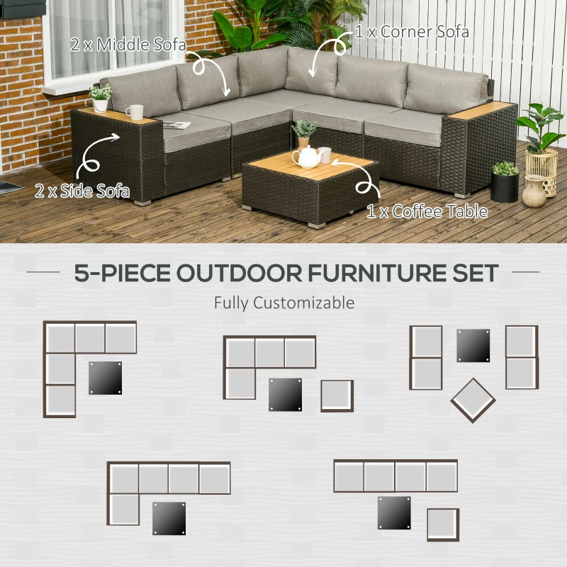 Outsunny 6 Pieces Outdoor Rattan Patio Furniture Set with Corner Sofa, Wood-Plastic Coffee Table, Light Grey