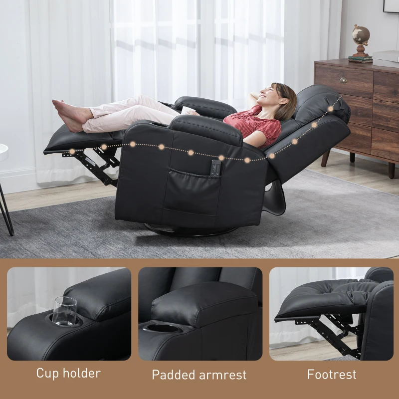 HOMCOM Swivel Massage Recliner Chair Rocker, Overstuffed Manual Reclining Sofa, PU Leather Rocking Chair with Side Pockets, Cup Holders, for Living Room, Nursery, Black