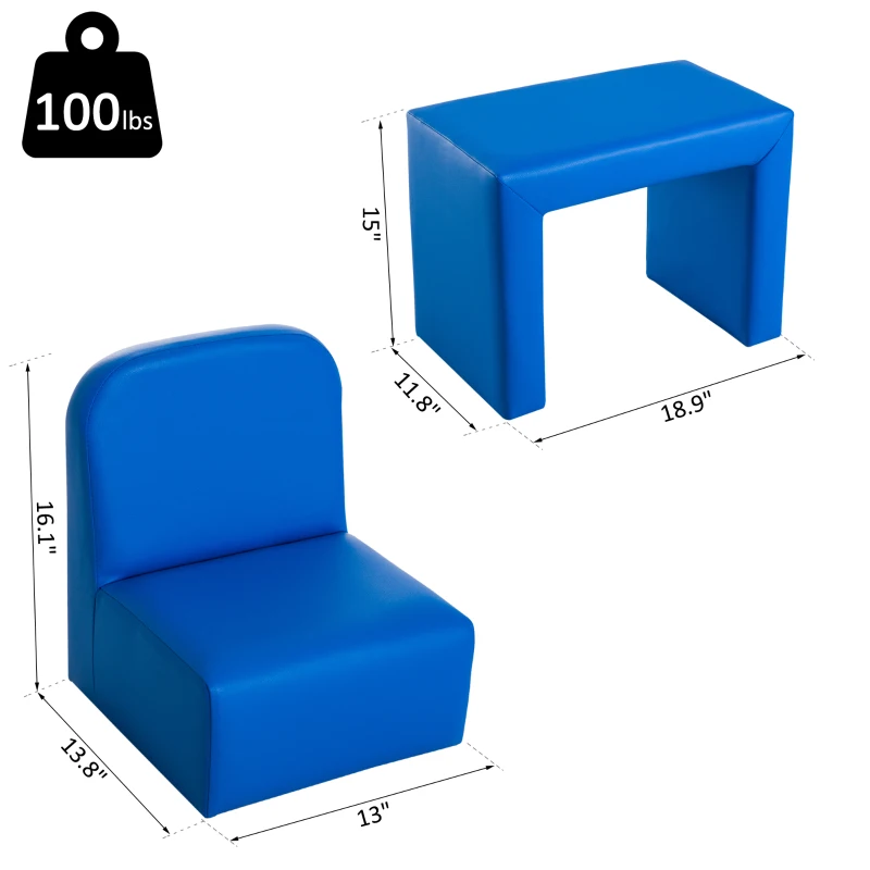 Qaba Kids Sofa, 2-in-1 Multi-Functional Toddler Table and Chair, Children Armchair Sturdy Couch for 3-9 Years Old, Blue