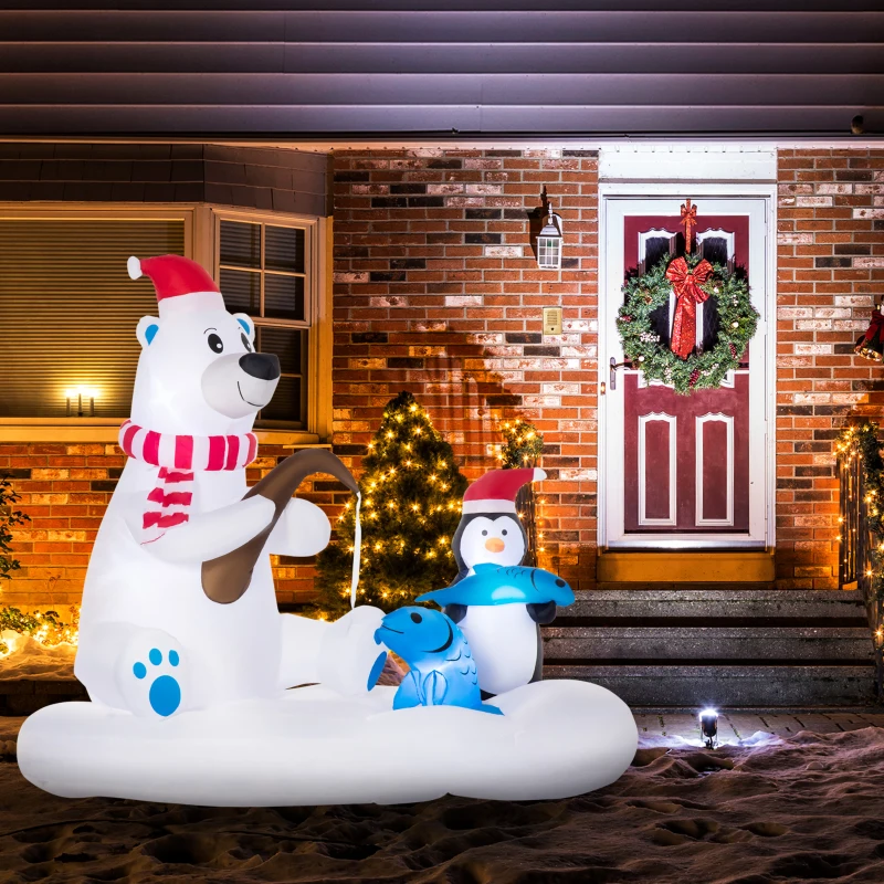 Outsunny 6ft Christmas Inflatable Polar Bear and Penguin with Santa's Hat Fishing on Board, Blow-Up Outdoor LED Yard Display for Lawn Garden Party